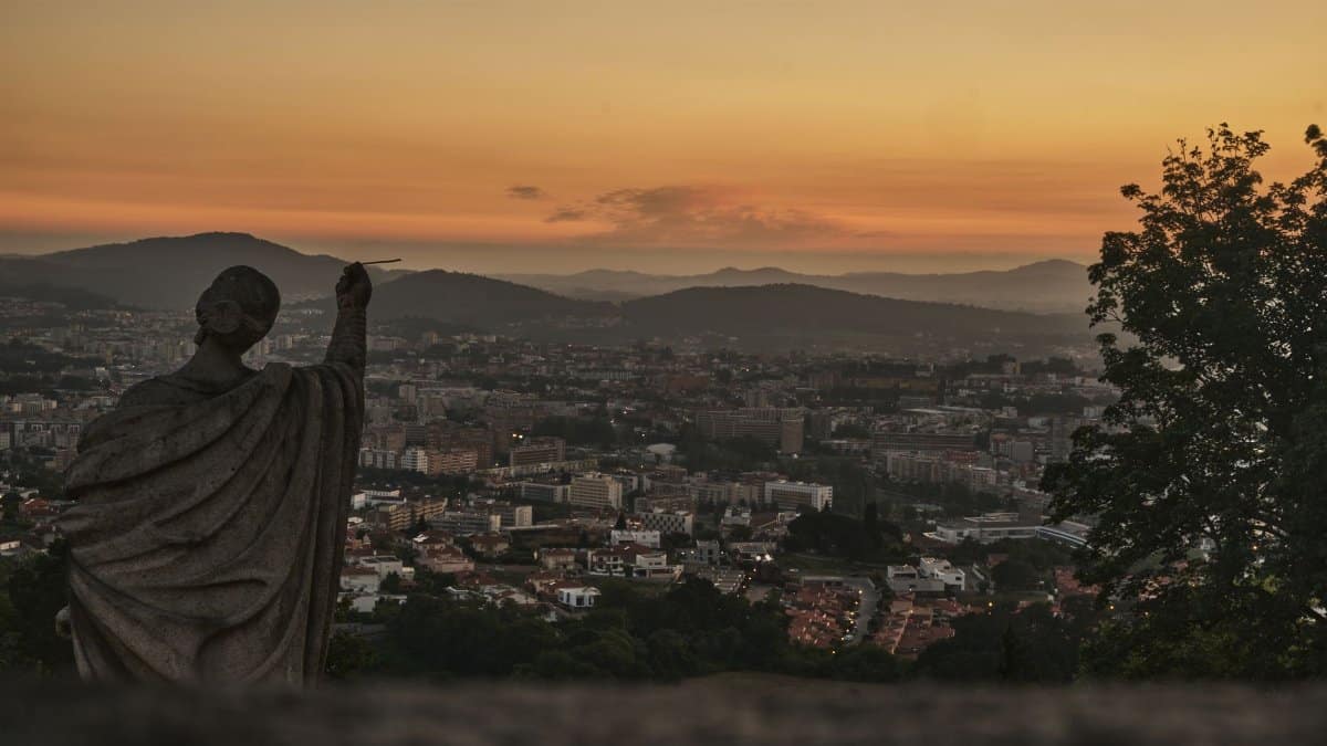 Stunning view of Braga from Bom Jesus do Monte with city skyline at sunset.