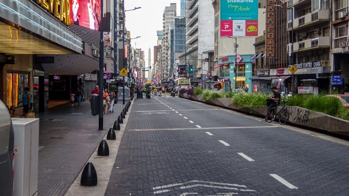 Vibrant street view in Buenos Aires featuring shops, signs, and city life on a lively day.