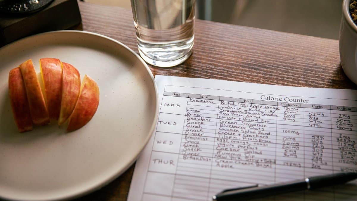 A table setup with apple slices, a calorie counting sheet, and a glass of water for a dieting scene.
