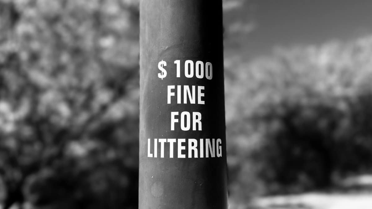 A stark black and white image of a sign imposing a $1000 fine for littering in an outdoor setting.