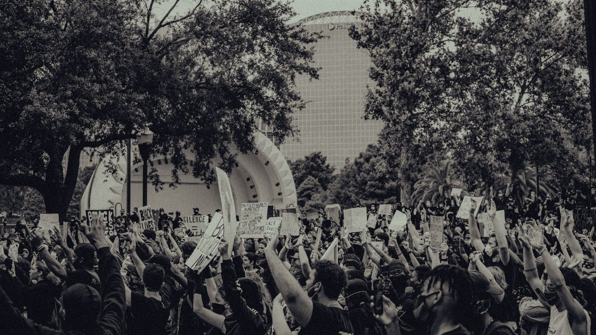 A large crowd of activists raising hands and placards during a Black Lives Matter protest outdoors.