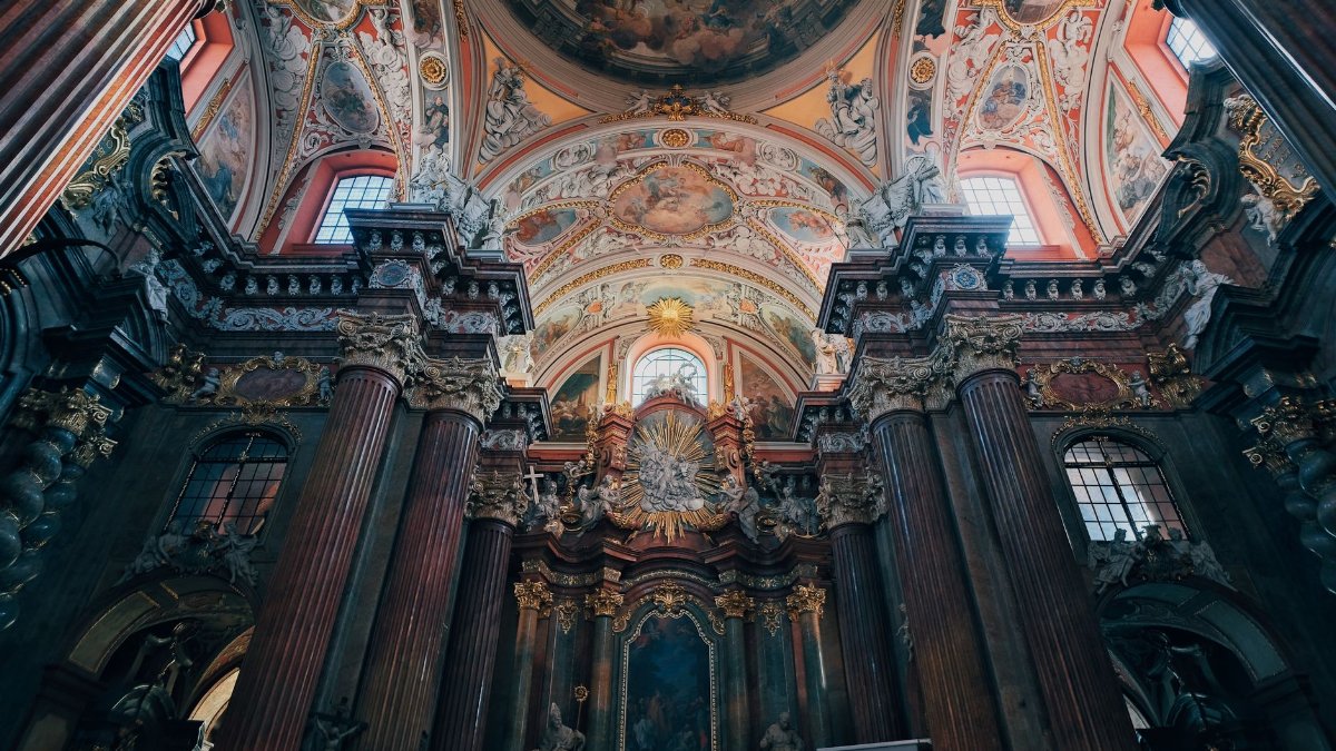 Intricate baroque architecture inside St. Stanislaus Church, Poznań, Poland.