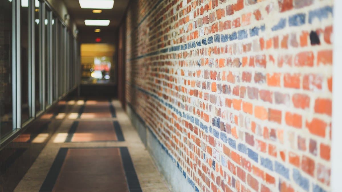 Modern corridor with brick walls and glass facade creating a perspective view.