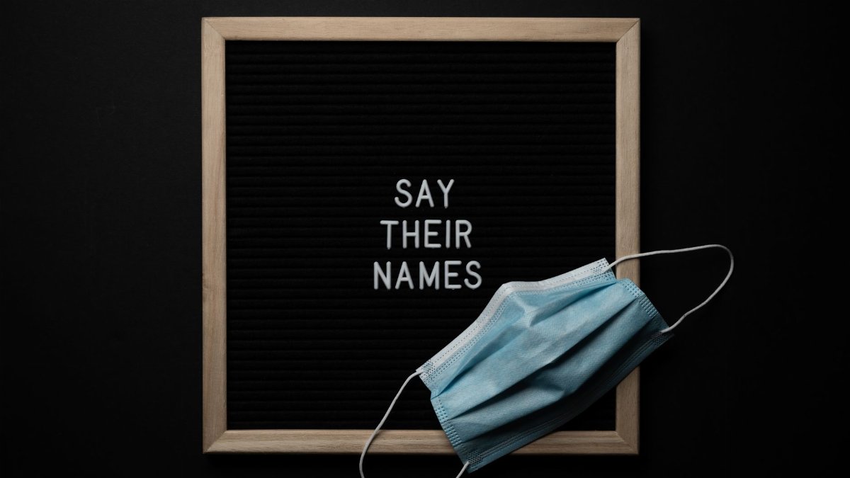 Medical mask on blackboard with wooden frame with white Say Their Names inscription placed on black background