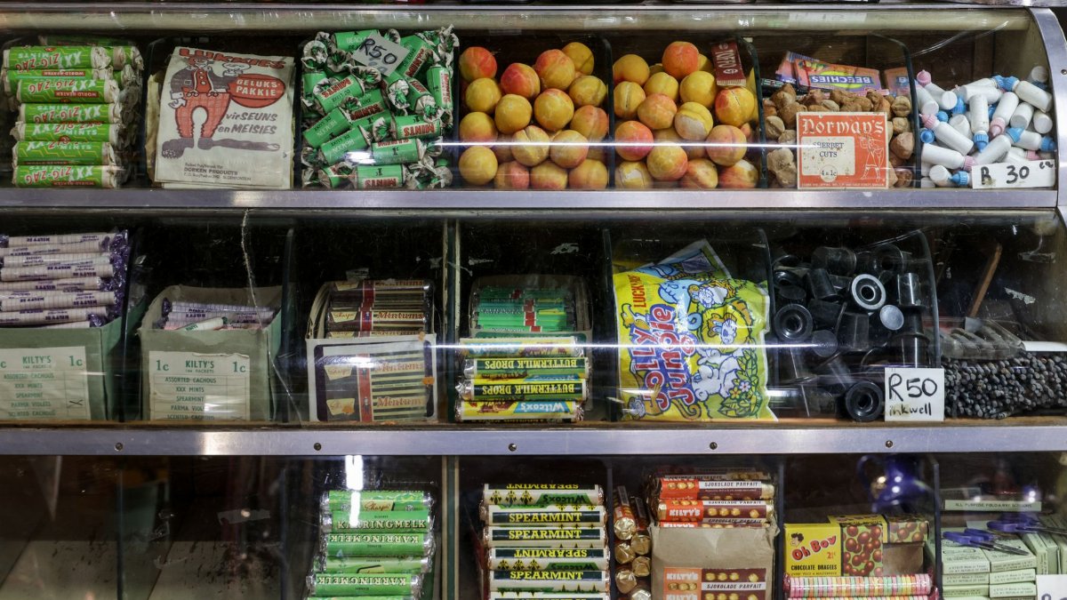 Colorful display of vintage candies and sweets in an old-fashioned shop.