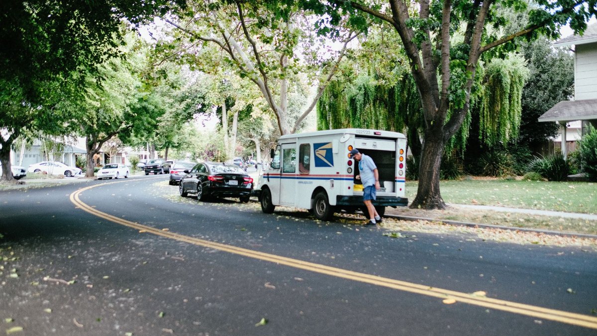 A US mail carrier retrieves packages from a postal van on a peaceful tree-lined street.