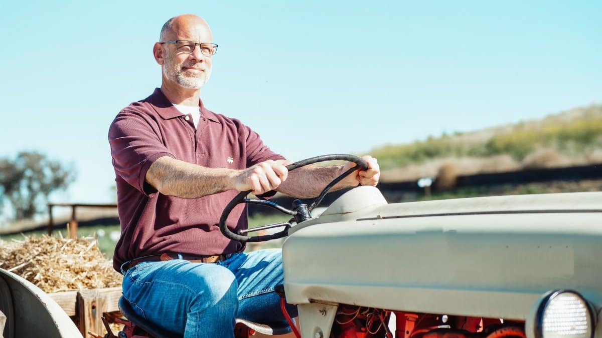 Elderly man on a vintage tractor working in the fields. Clear, sunny day on a farm.