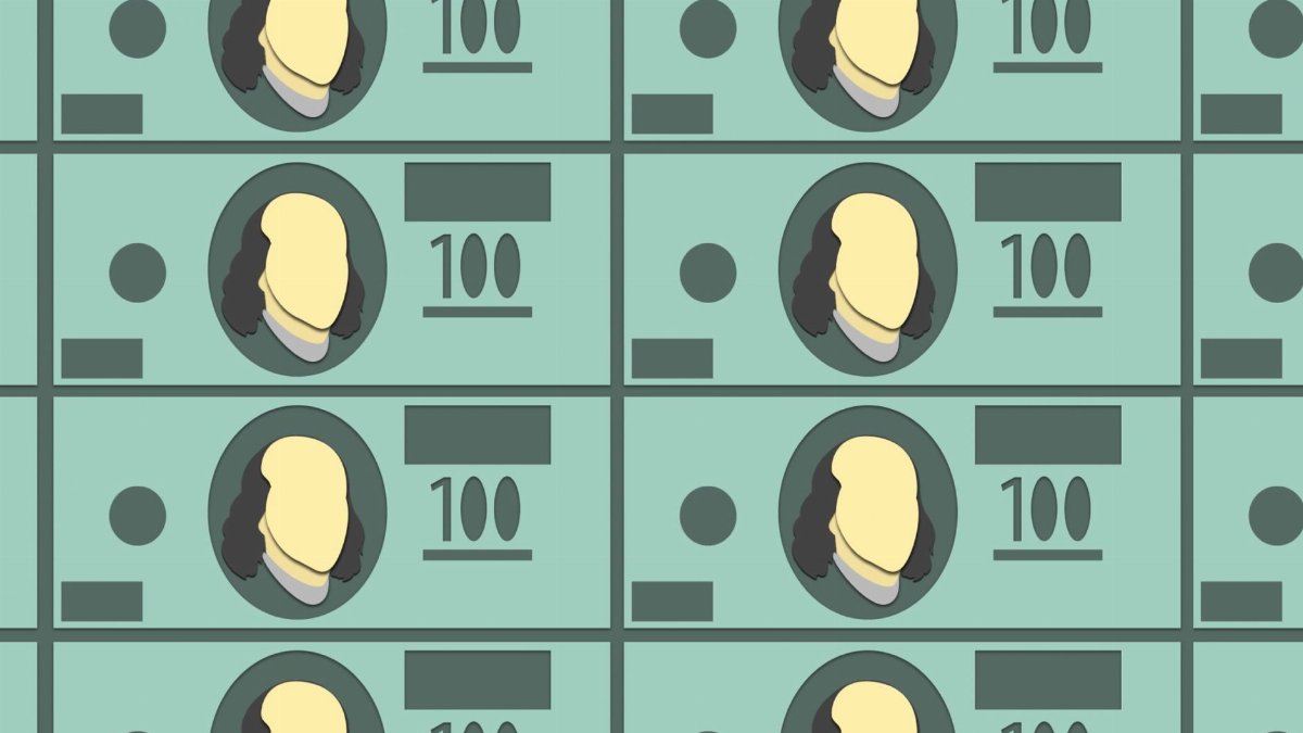 Textured backdrop of decorative cardboard illustration representing American banknotes with numbers and images of human