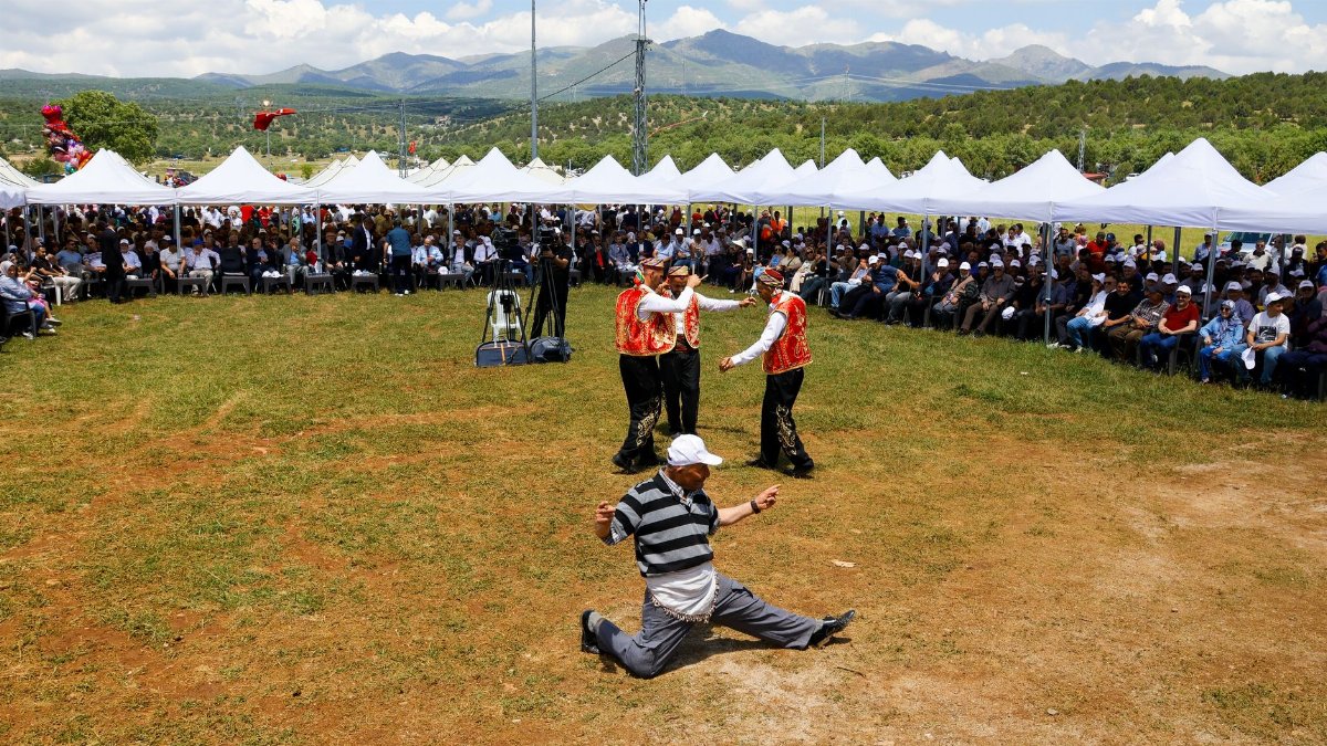 Capturing a lively cultural dance performance at an outdoor festival under tents with a scenic mountain backdrop.