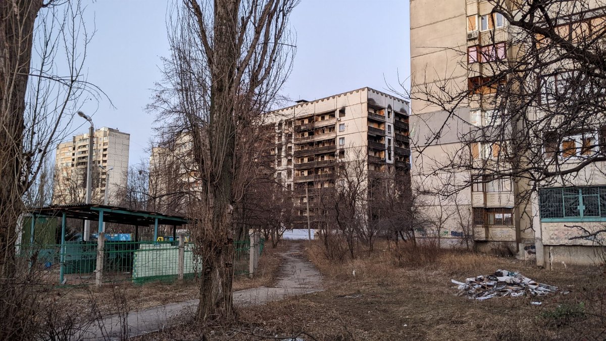 View of deteriorating residential buildings surrounded by bare trees in a city neighborhood.