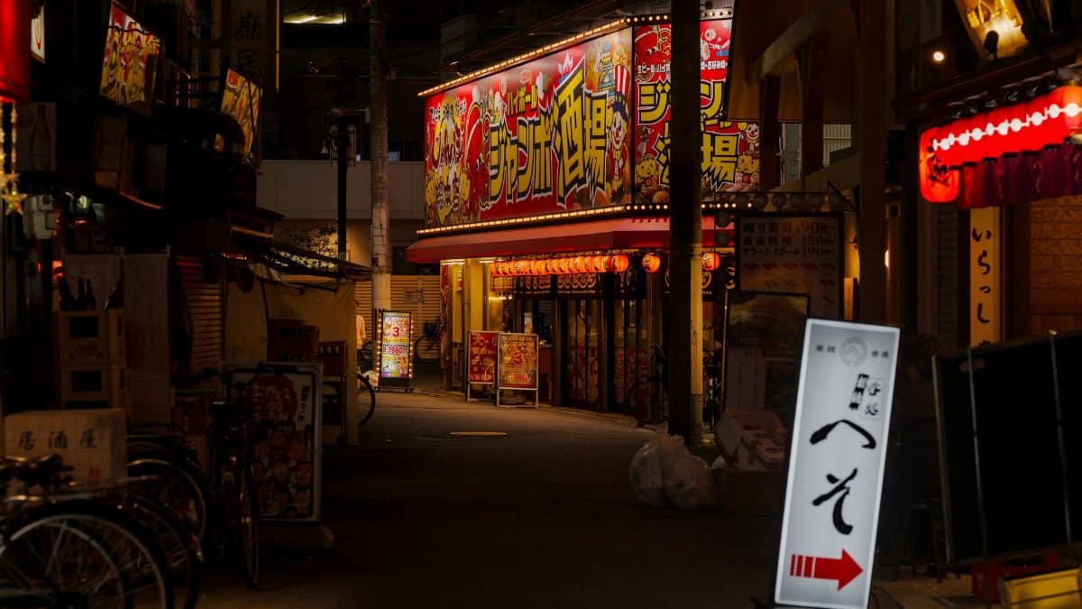 Illuminated Osaka street with colorful signs depicting vibrant nightlife at night.