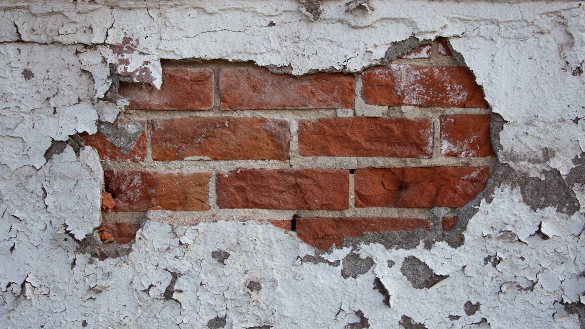 A close-up of a brick wall with peeling white paint, showing urban decay.