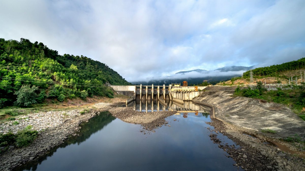 Hydroelectric power plant for production of eco friendly electricity on river flowing in green hilly valley
