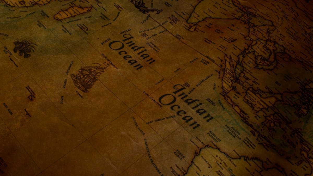 Close-up of a vintage map showing the Indian Ocean with detailed geographic features.