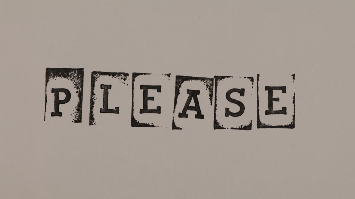 Stamped 'Please' text on a beige background, minimalist and conceptual style.