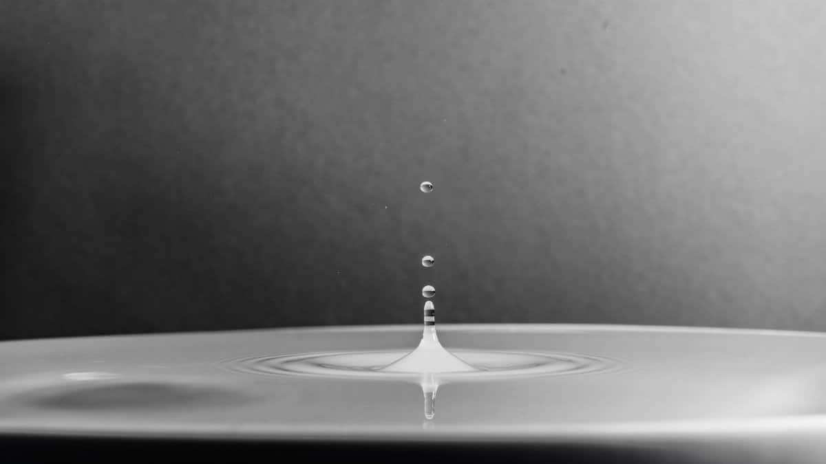 A high-definition macro shot capturing a water drop splash in black and white.