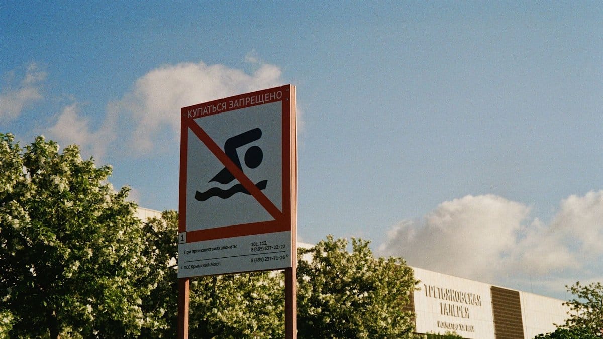 A warning sign prohibiting swimming against a backdrop of trees and a clear blue sky.