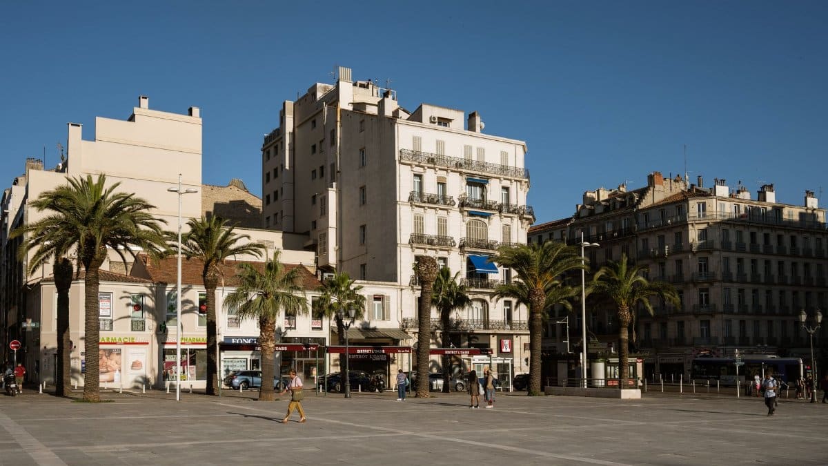 A bustling city square in Toulon, France, featuring palm trees and historic architecture.