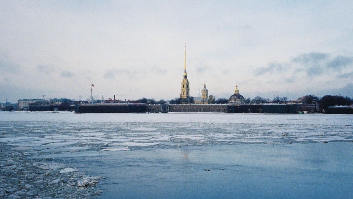 Frozen river with Peter and Paul Fortress in winter, St. Petersburg, Russia.