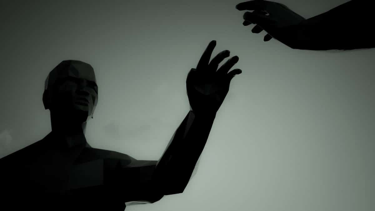 Abstract art of two figures reaching out, symbolizing connection.