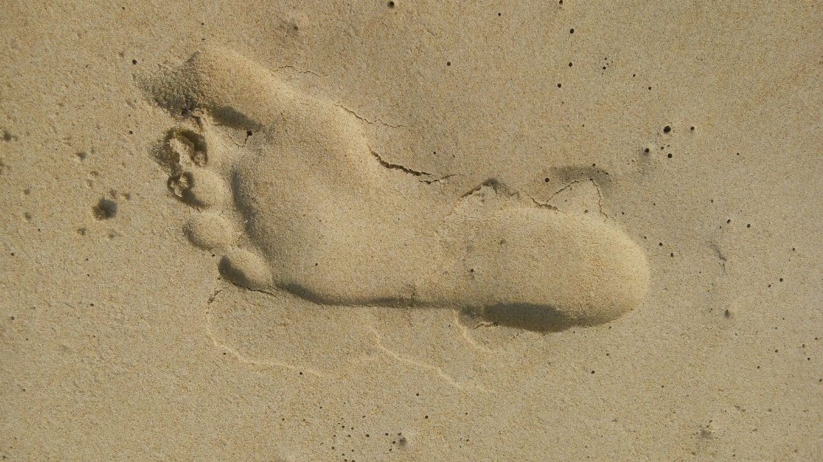 Close-up of a footprint on the sandy beach in Daman, India, showcasing texture and detail.