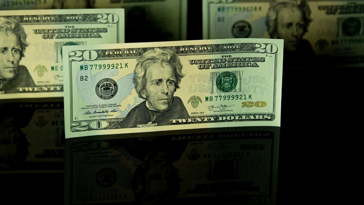 Detailed close-up of US twenty dollar bills displayed against a dark backdrop, showcasing American currency.