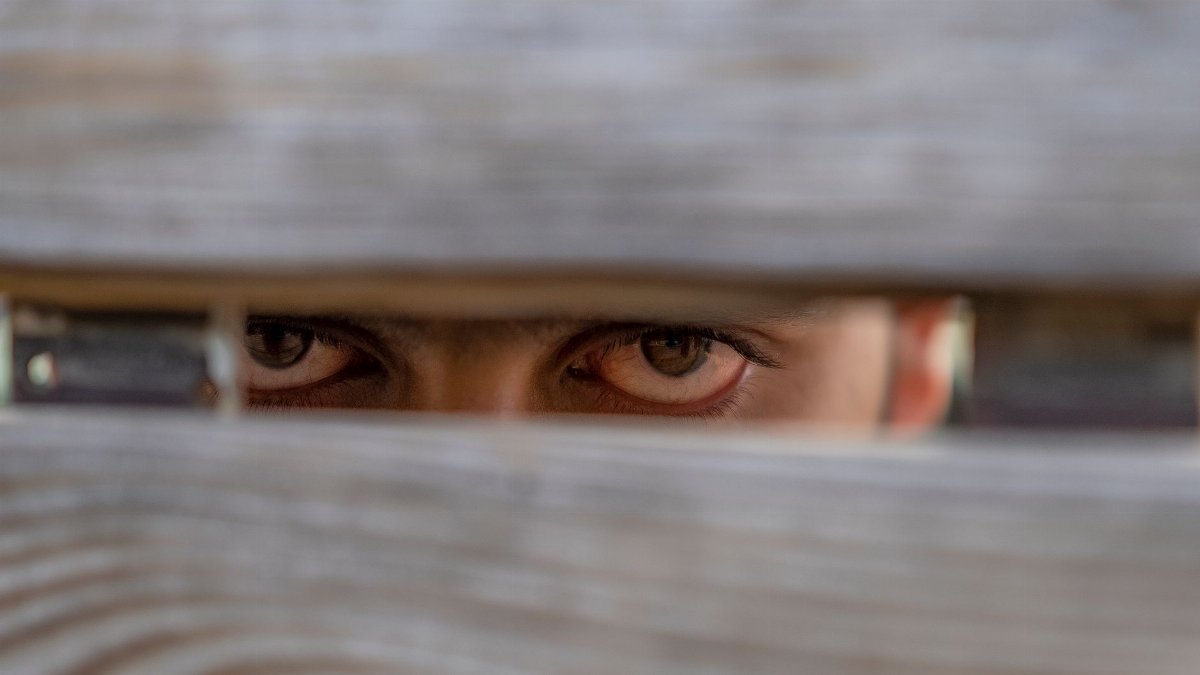 Mysterious eyes peering through a wooden fence. Concept of curiosity and hidden observation.