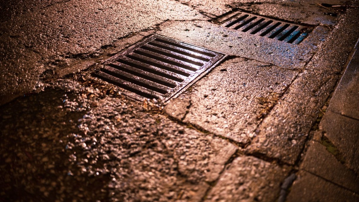 Nighttime shot of wet asphalt road with drainage grates reflecting light.