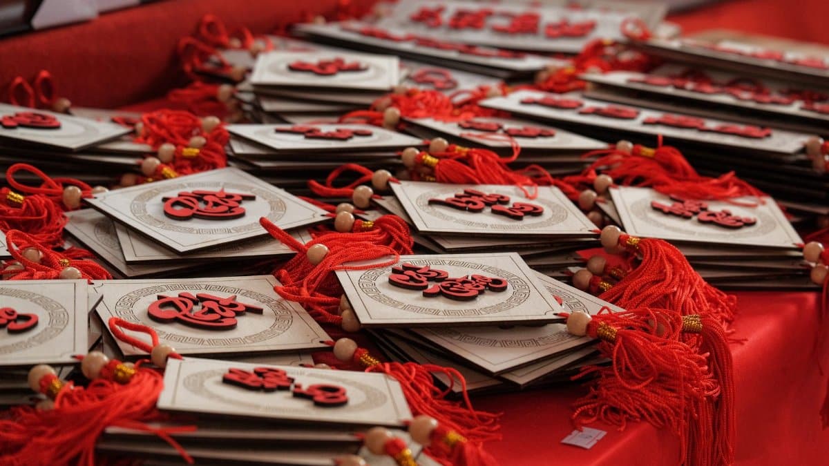 Red and gold traditional decorations for Chinese New Year celebrations.