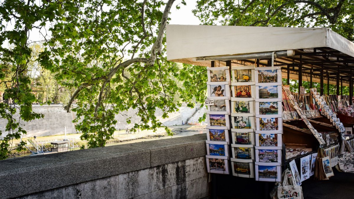 Souvenir stall in Rome, Italy showcasing postcards and bags under lush trees.