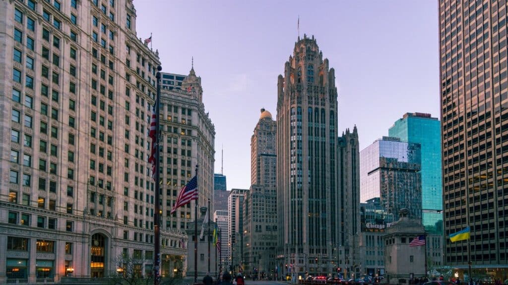 Breathtaking street view with Tribune Tower and urban architecture in Chicago.