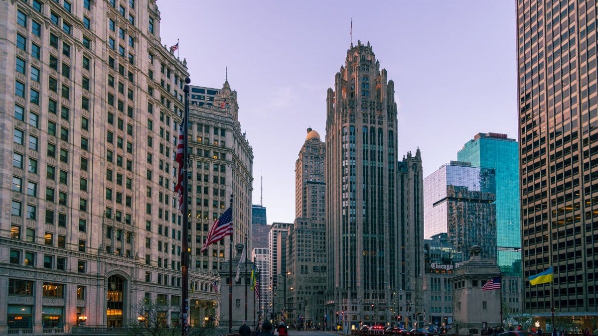 Breathtaking street view with Tribune Tower and urban architecture in Chicago.