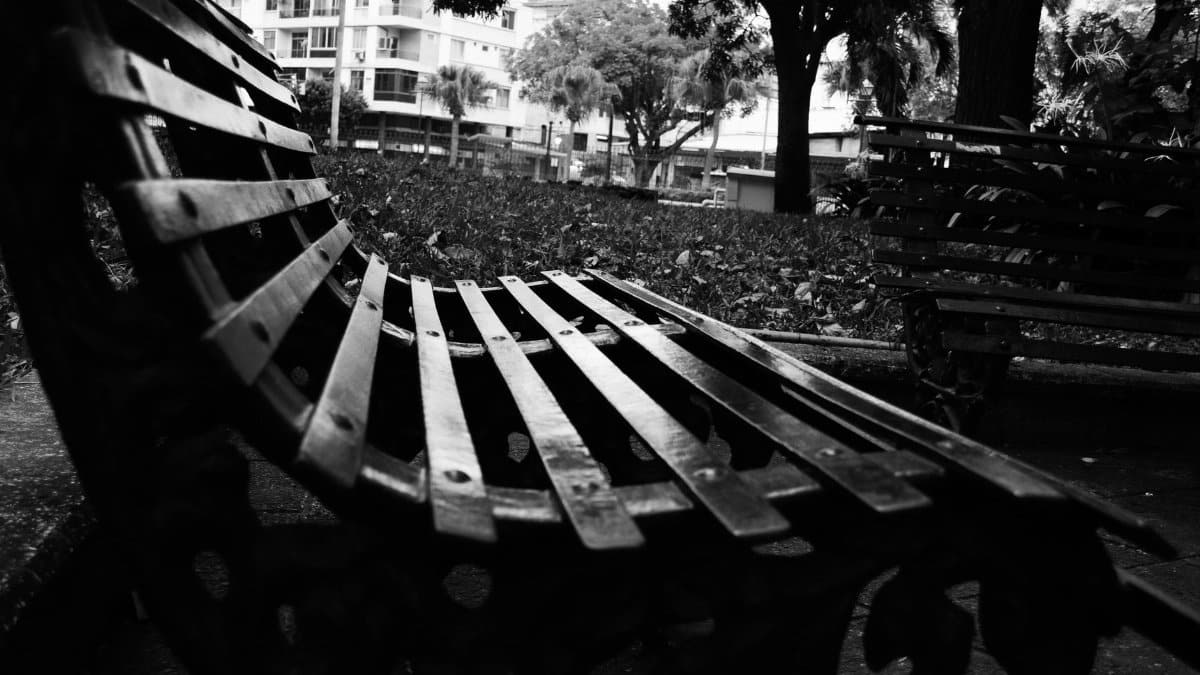 Artistic black and white image of a park bench in Guayaquil, Ecuador.