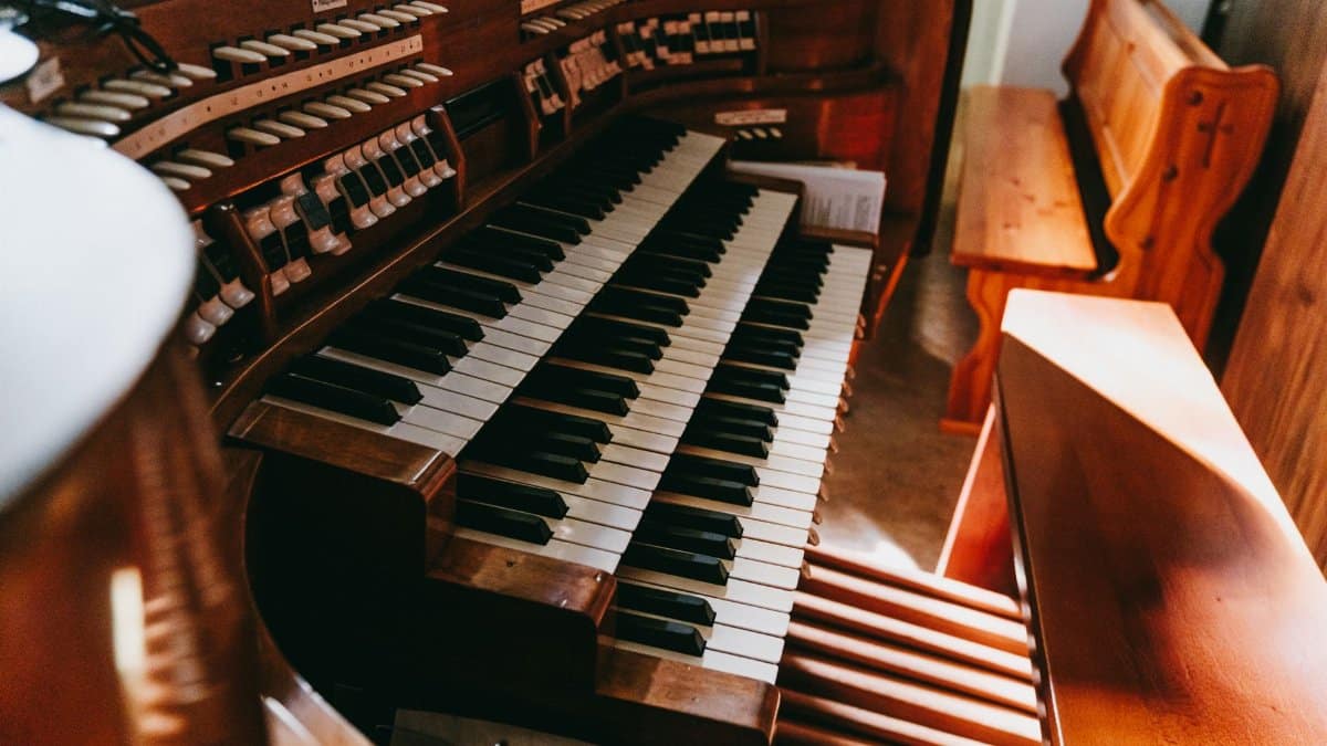 A close-up view of a church organ in Starogard Gdański, Poland, highlighting its intricate design.