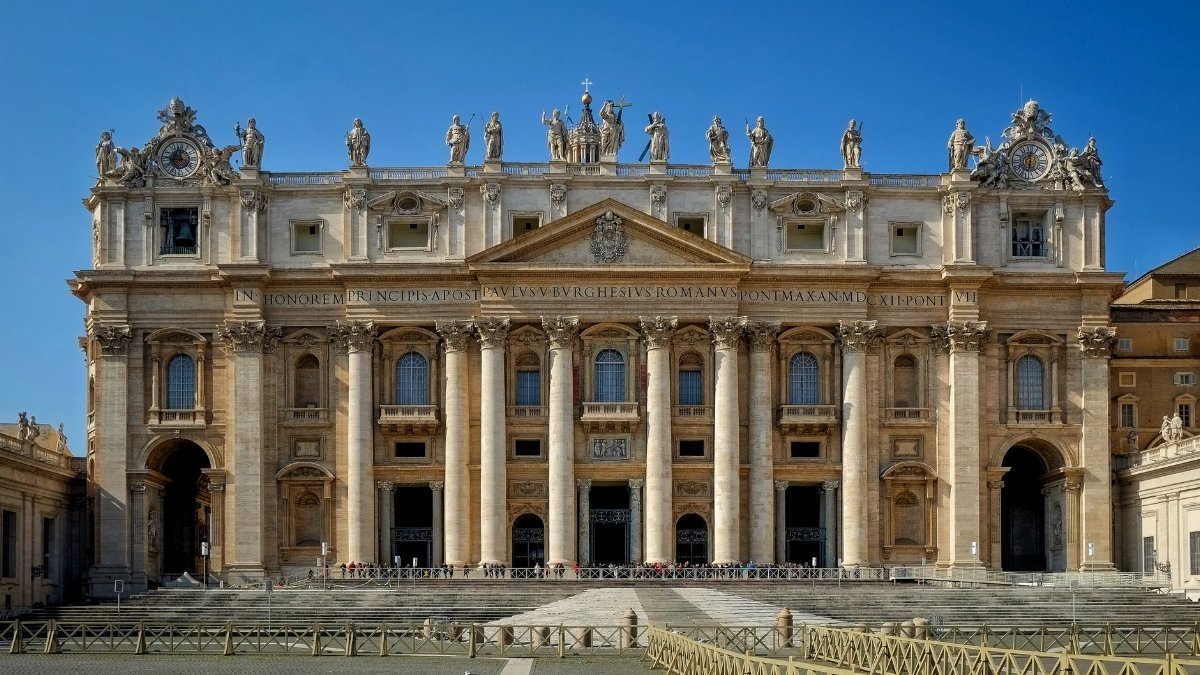 Front view of St. Peter's Basilica, showcasing its architectural grandeur in Vatican City.