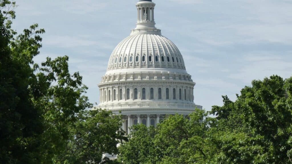 Dome of the United States Capitol in Washington, DC, framed by lush green trees.