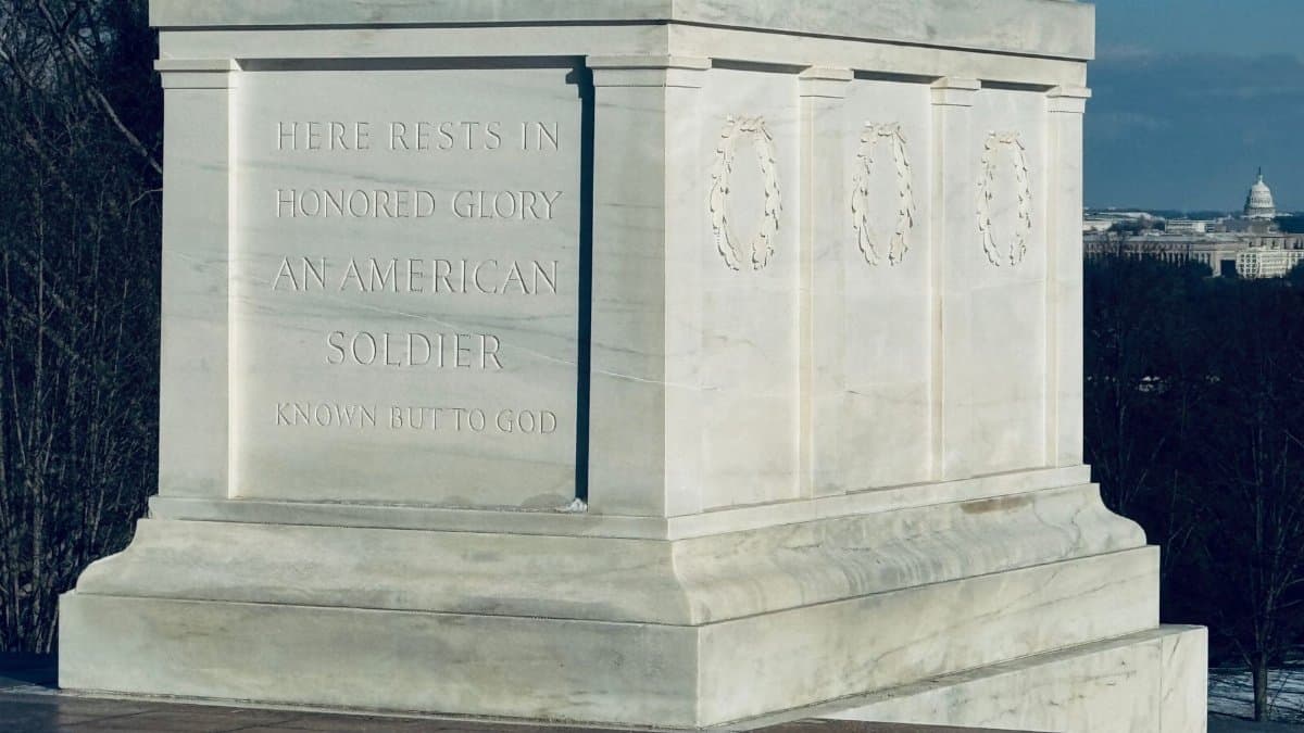 Iconic monument commemorating unidentified American soldiers at Arlington Cemetery.