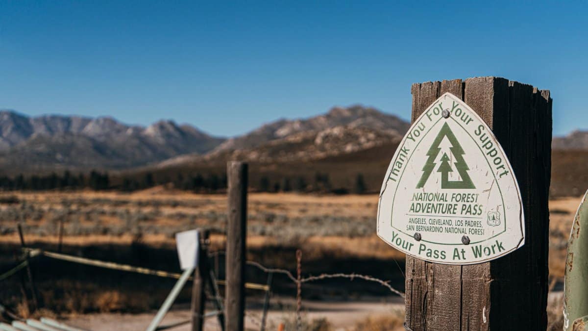 Close-up of National Forest Adventure Pass sign on wooden post with mountains in the background.