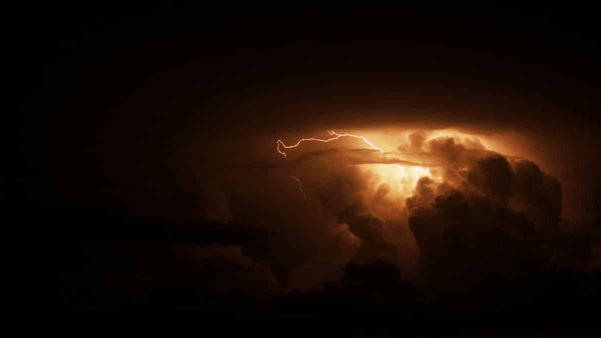 Capture of a powerful lightning storm illuminating a cloudy sky over Santa Maria, Brazil.