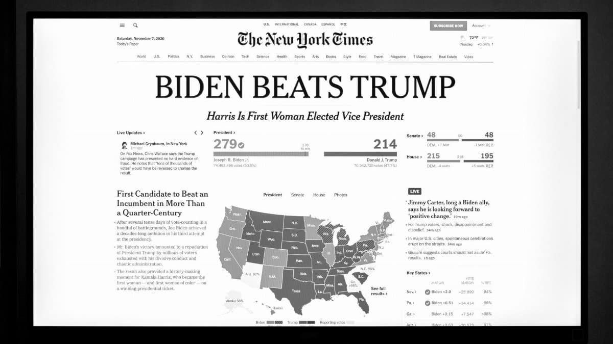 Biden wins presidency over Trump as detailed on newspaper front page.