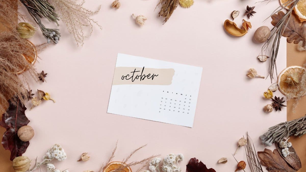 October calendar surrounded by autumn leaves and dried plants in a flat lay arrangement.