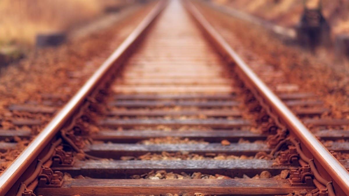 A detailed close-up view of railway tracks stretching into the distance surrounded by autumn colors.