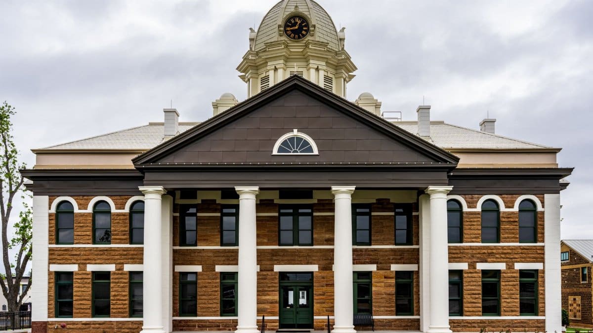 Front view of the historic Mason County Courthouse in Mason, Texas, USA.