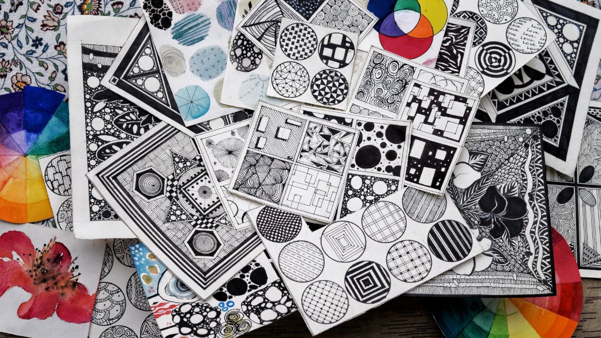 A collection of diverse geometric patterns and designs in monochrome and color.