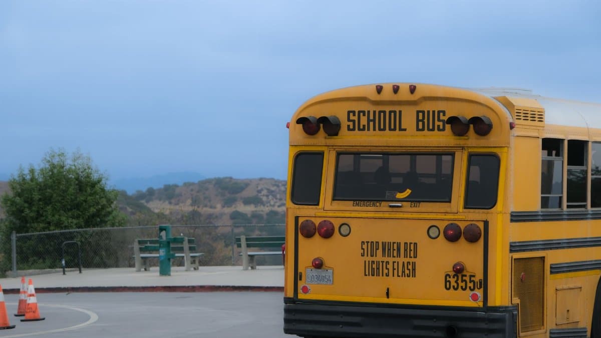 A classic yellow school bus parked in a scenic outdoor area in Los Angeles.