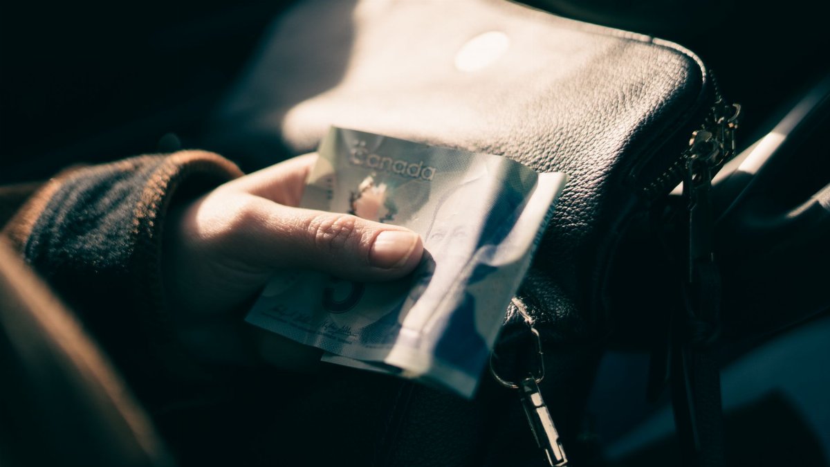 A person holding a Canadian five-dollar bill close to a leather handbag, showcasing financial transactions.