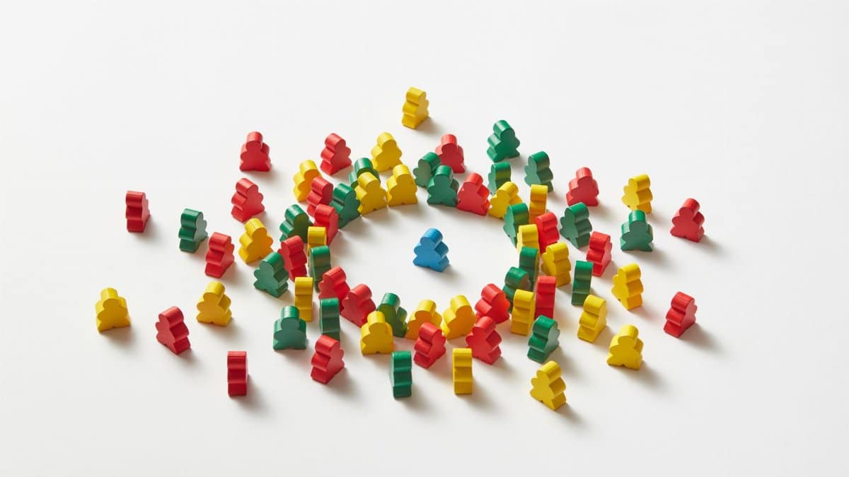 Vibrant wooden figures scattered and forming a circle on white background.
