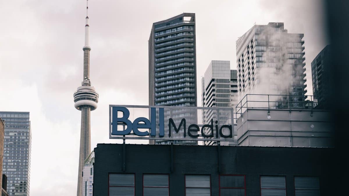 View of Toronto skyline featuring the CN Tower and Bell Media sign.