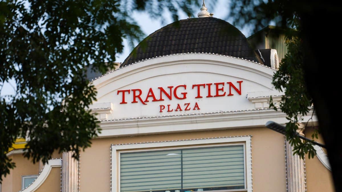 Front view of Trang Tien Plaza, a notable shopping center in Hanoi, Vietnam.
