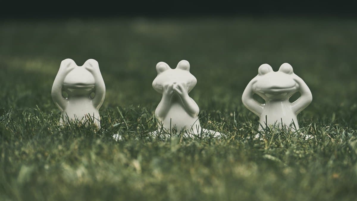 Three ceramic frog statues depicting the 'see no evil, hear no evil, speak no evil' proverb on grass.